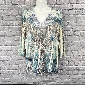 One World Womens V-Neck Lace Trim Tunic Top PXL Blue & Cream Paisley